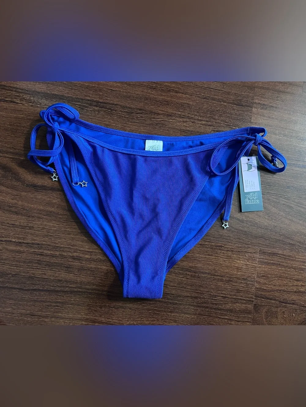 Wild Fable Blue Ribbed Side Tie Low Rise High Leg Cheeky Bikini Bottom Stars
